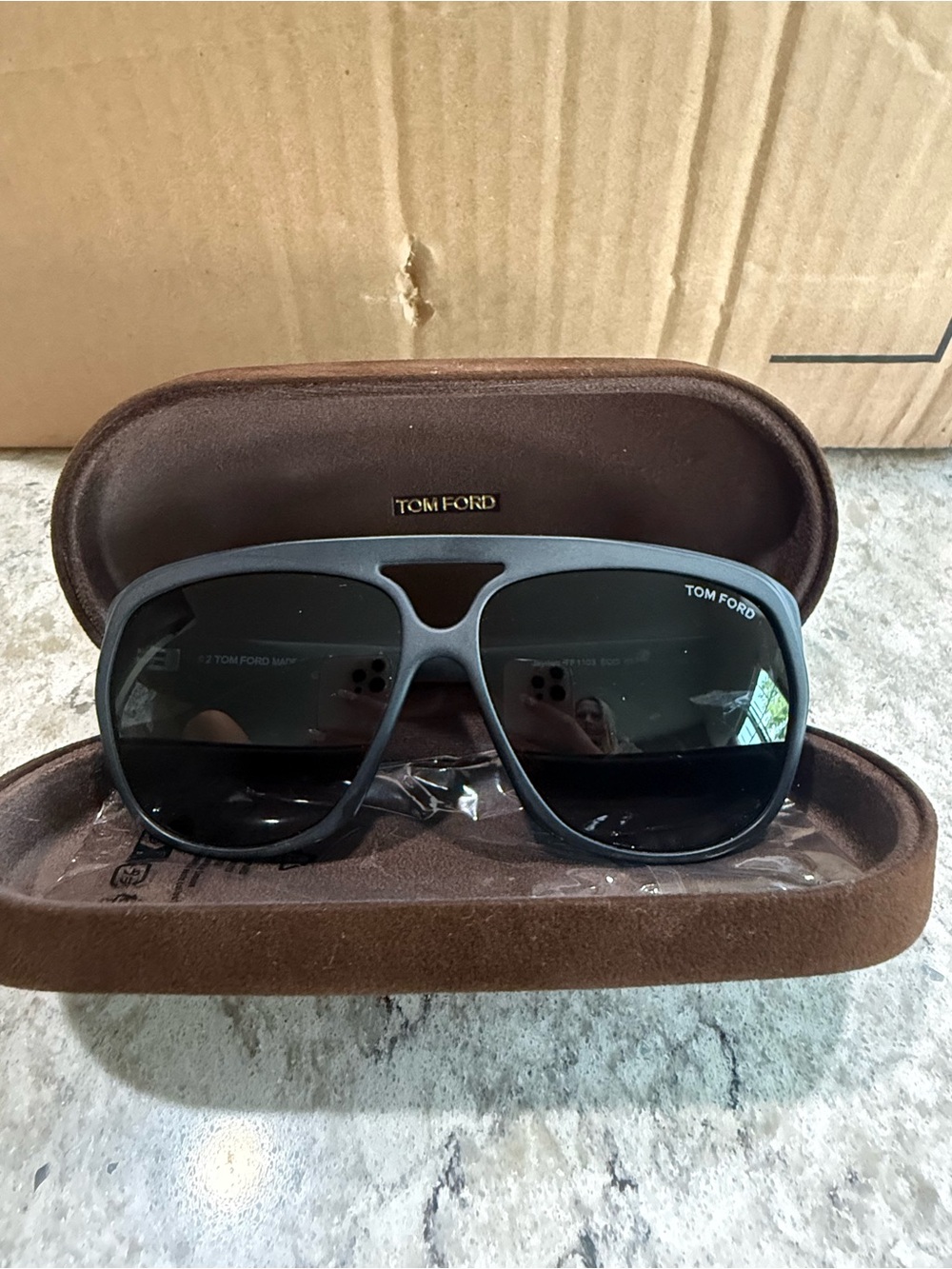 Tom Ford Black Oversized Pilot Sunglasses with Dark Lenses